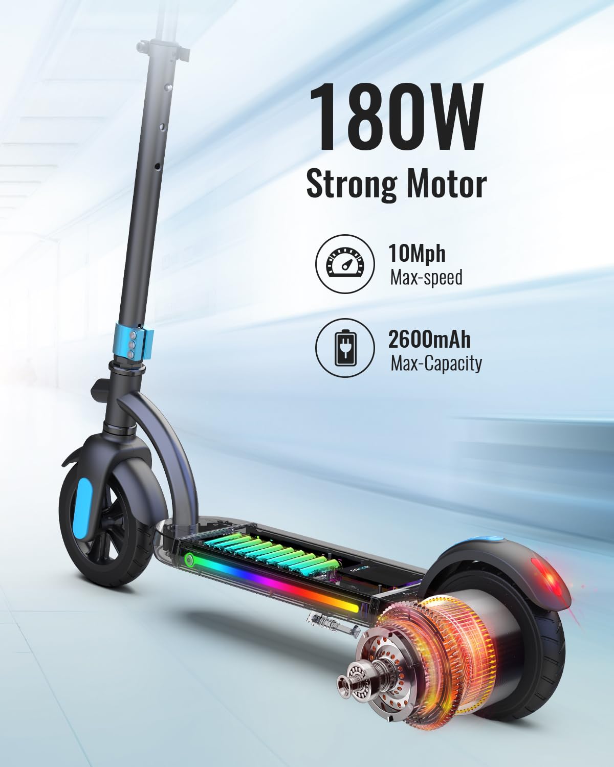 Gyroor H40 Kids Electric Scooter, 180W Motor, Up to 10 MPH, LED Display & Colorful Lights, Adjustable Height, H40-Black