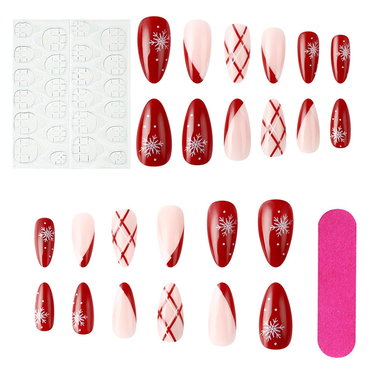 Christmas Press On Nails Medium Almond Fake Nails Snowflake With Plaid Design French Tip False Nails Full Cover Xmas Acrylic Glue On Nail Winter Stick On Nail For Women Manicure Art 24pcs