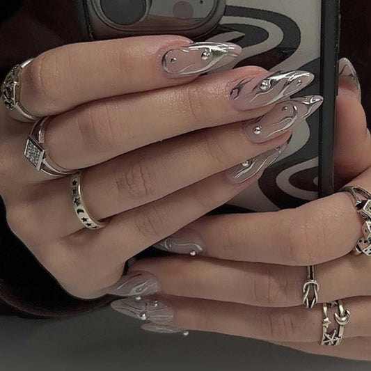 Gifiky Nude False Nails Medium Almond Press on Nails Pearl Flame Nails Tips Acrylic Fake Nails for Women and Girls 24Pcs