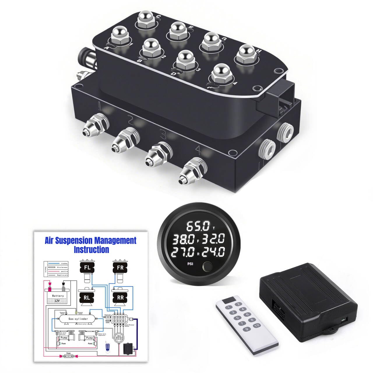 CNWZYMX 12V Air Management featuring 8-Valve Air Ride Suspension Manifold, with 10-Button Wireless Remote Controller and Five-Way White Display Air Pressure Gauges