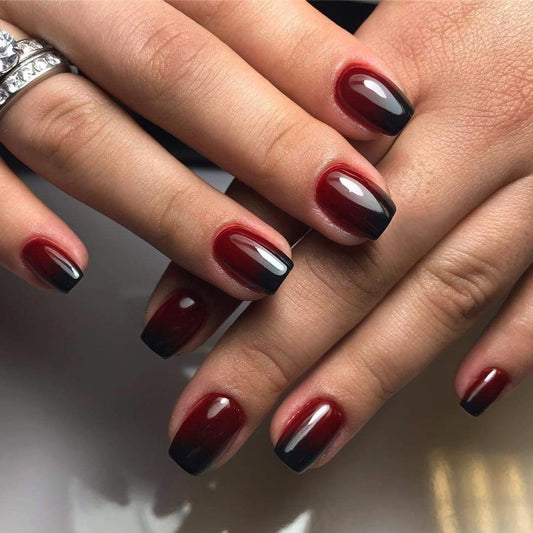 KQueenest Ombre French Press on Nails Short Square, Dark Red Black Fake Nails Short Coffin, Gradient Color Acrylic Nails Press Ons, Soft Gel Glue on Nails for Women Prom Party Decoration in 30 Pcs