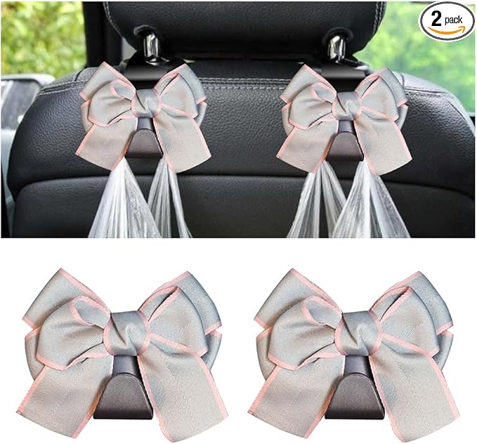 Mandark 2PCS Car Seat Headrest Hooks, Cute Bow Vehicle Hooks for Purses and Bags, Automotive Purse Hook Hanger Interior Decoration Accessories, Universal for SUV, Sedan, Truck (Gray Line)