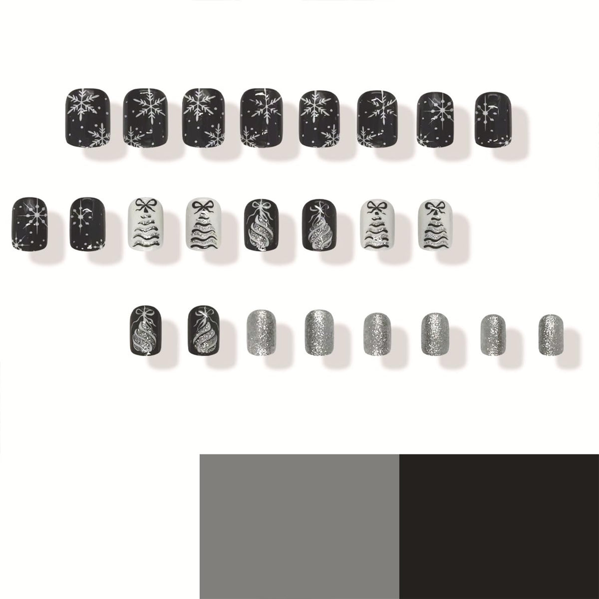 LWTZLW Christmas Press on Nails Christmas Tree Short Square False Nails Snowflake Glue on Nail Black Silver Glitter Design Acrylic Fake Nails Winter Artificial Glossy Nail Reusable for Women