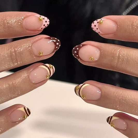 CTTHNBD Short Press on Nails - French Tip Fake Nails with Polka Dot Design - Round False Nails Press ons - for Women 24 Pcs