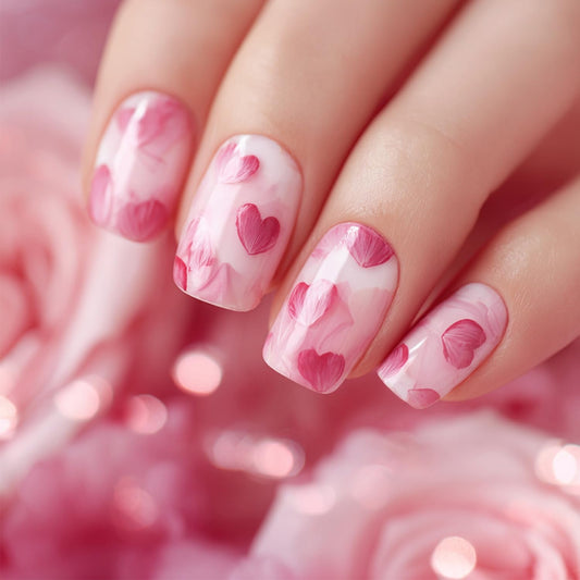 Pink Hearts Press on Nails Short Square Valentine's Day Glossy Acrylic Fake Nails Gradient Pink Stick on Nails for Women DIY Manicure Valentines Nail Decorations Supplies 24Pcs