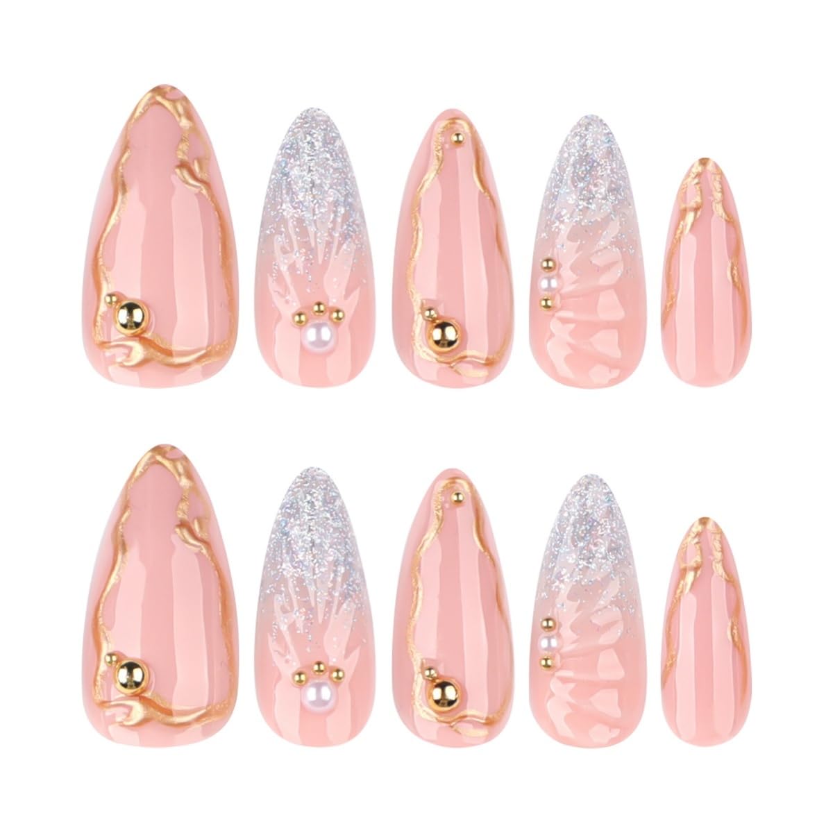 Gold Press on Nails Long Stiletto Fake Nails with 3D Seashell Pearl Design Stick on Nails Pink Glitter False Nails Summer Handmade Acrylic Glue on Nail for Women Girl Nail Art Decoration 24Pcs