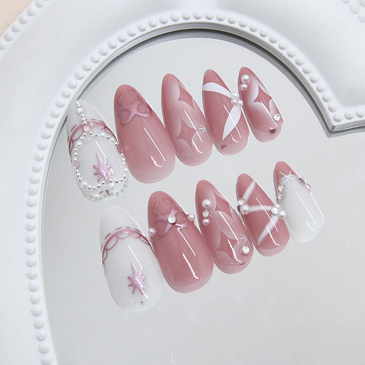 24Pcs Pink Almond Press on Nails Medium French Tip Fake Nails Silvery White Star Glue on Nails with 3D Pearl Rhinestones Full Cover Handmade False Nails Bow Acrylic Nails for Women Stick on Nails
