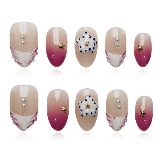 Tesytto 3D Floral Press on Nails Short Almond - Handmade Water Ripple & Pearl Design, Ombre Pink French Tip Summer Mermaid Nails (Coral Violeta,S)