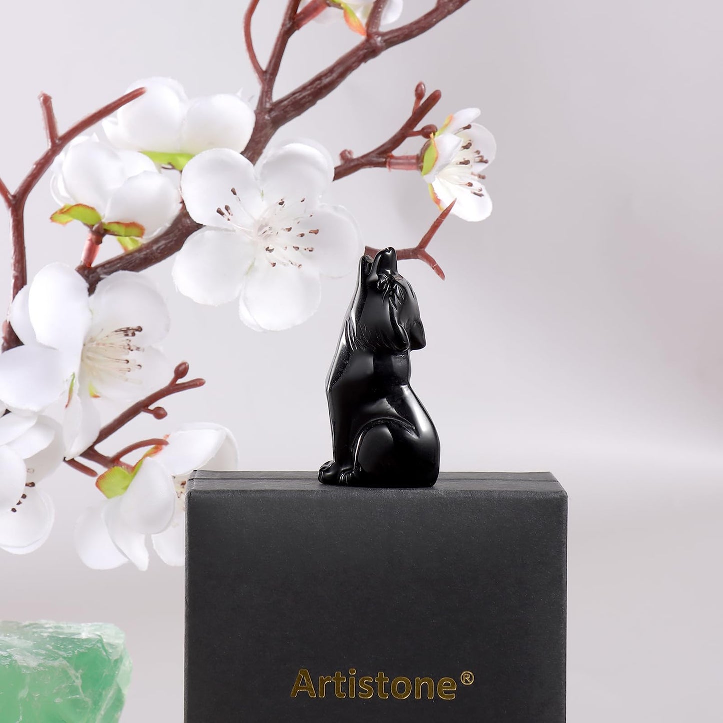 Artistone Black Obsidian Wolf Statue 2" Howling Wolves Figurine Ornament for Home Decor Healing Crystal Animal Sculpture with Gift Box