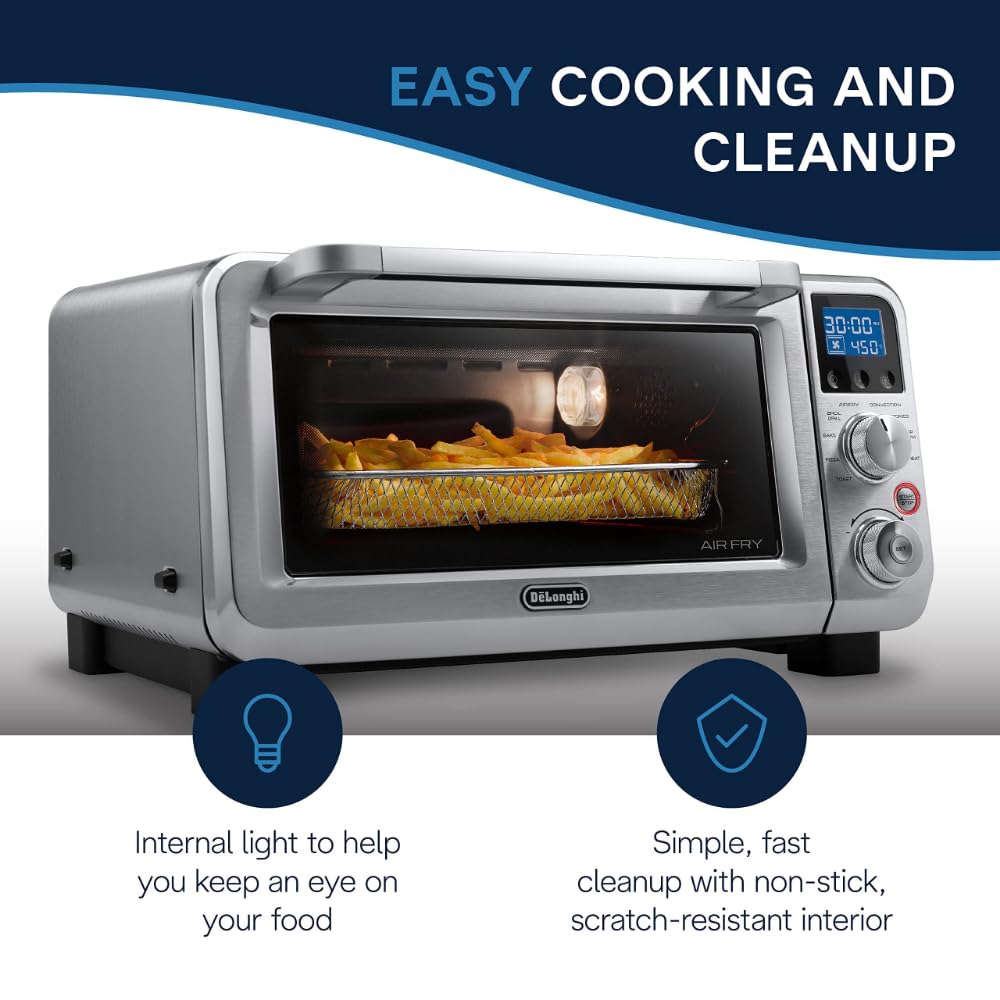 De'Longhi Digital Air Fry Convection Toaster Oven 14L Stainless Steel, Air Fry Oven, 9-in-1, Grills, Broils, Bakes, Roasts, Reheats, Keep Warm, Non-Stick, Scratch-Resistant Interior, 1800-Watts