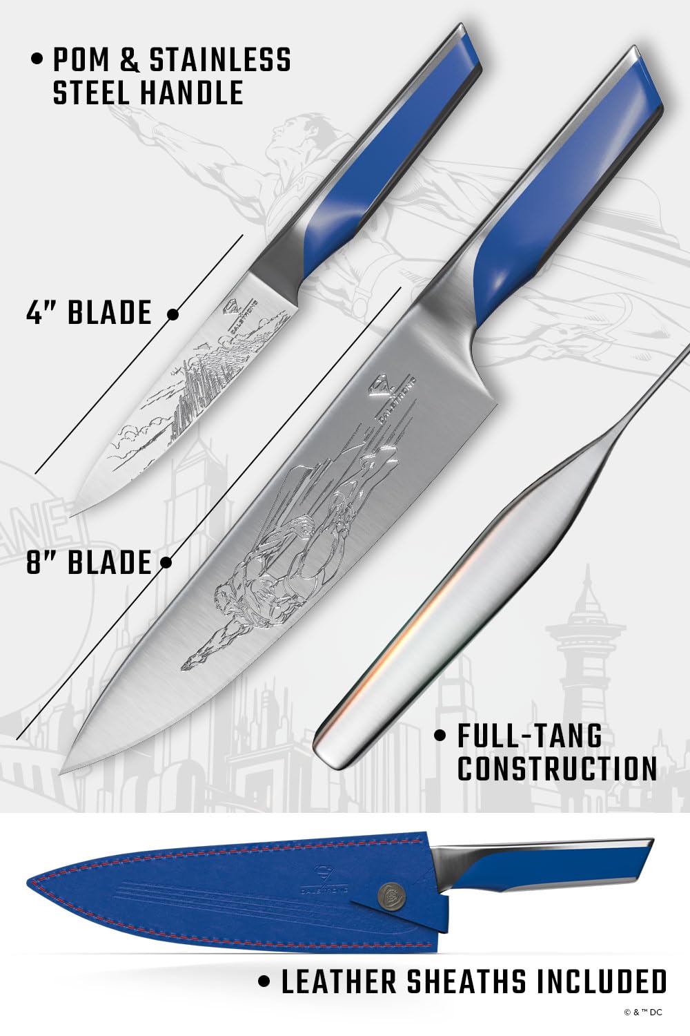 Dalstrong Knife Set-2pc- DC SUPERMAN™ Licensed Edition-8" Chef Knife & 4" Paring Knife-Premium German Stainless Steel-POM Handle Kitchen Knife Set-Leather Sheaths