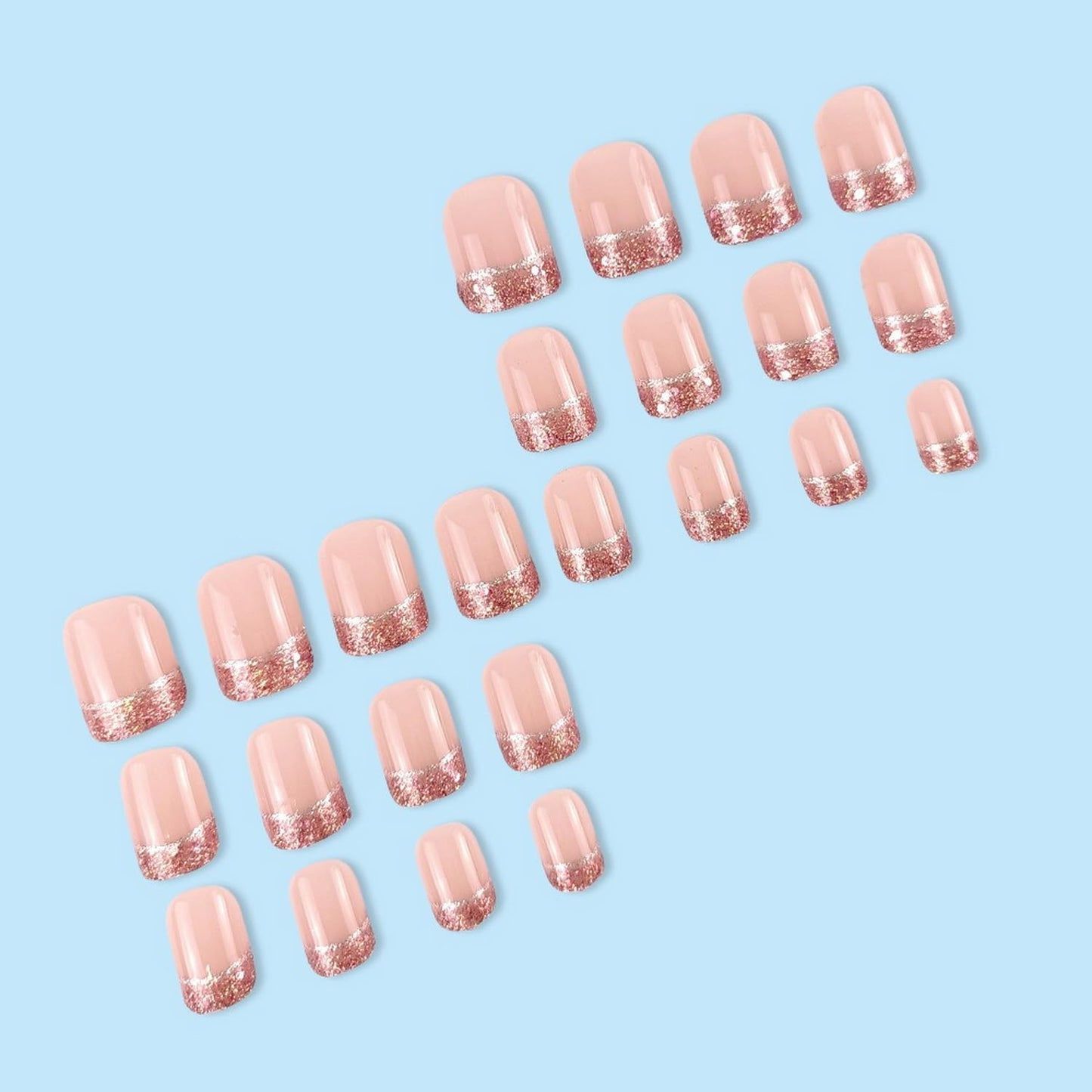 Pink French Tip Press on Nails Short Square MABKJLF Fake Nails False Nails with Glitter Designs Full Cover Glossy Glue on Nails Acrylic Nails for Women Girls 24Pcs