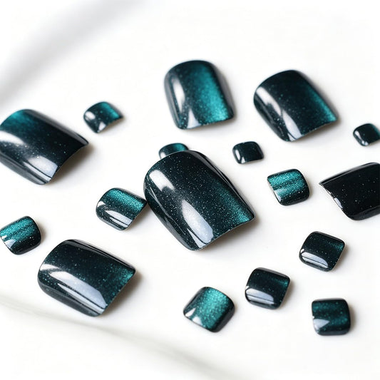 Dark Blue Cat Eye Press on Toenails Short Square Fake Toe Nails Glossy Chrome False Toe Nails Gradient Acrylic Toenails Reusable Full Cover Glue on Toe Nail for Women Manicure 24Pcs