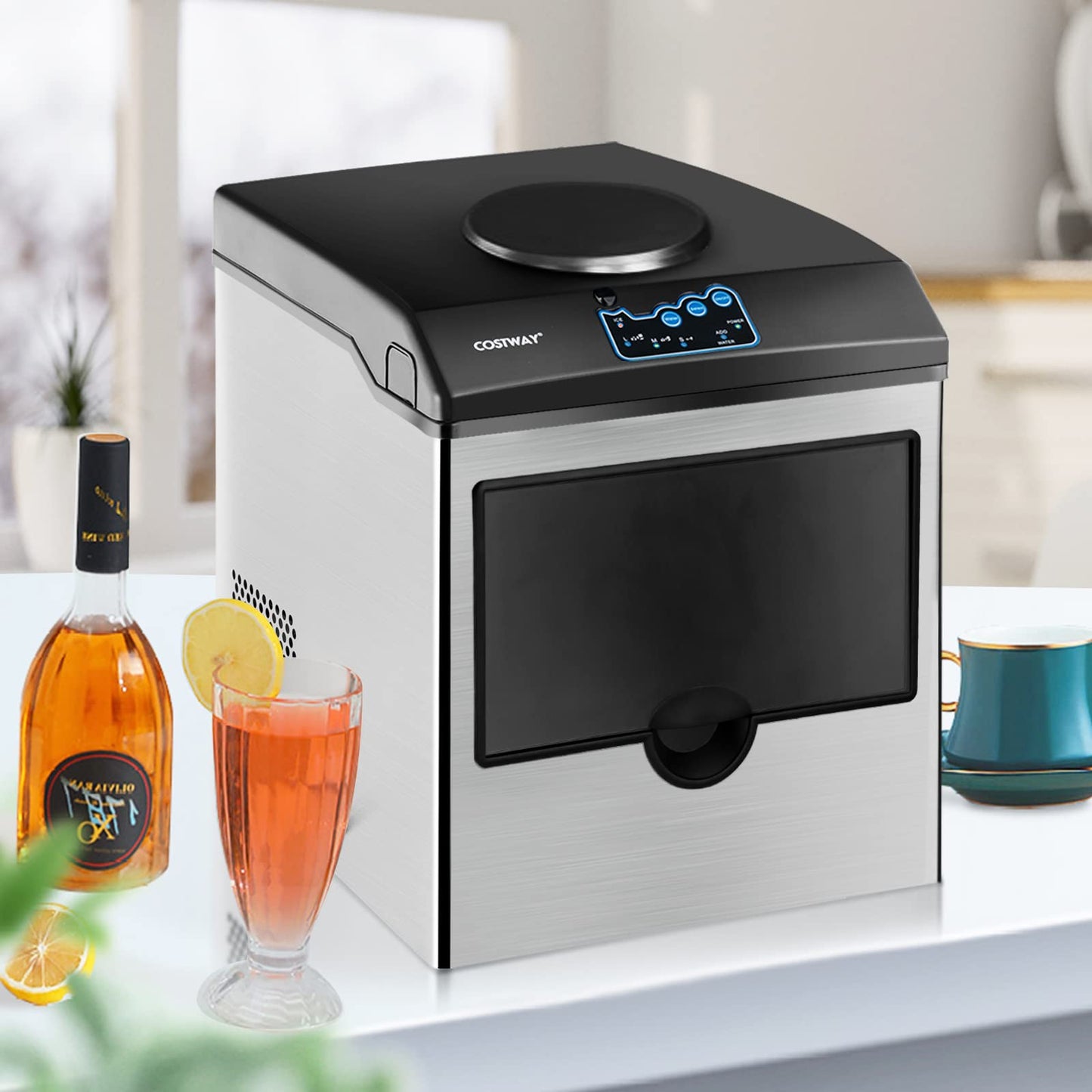 COSTWAY 2 in 1 Countertop Ice Maker Built-in Water Dispenser, 48LBS per Day, S/M/L Size Ice Cube, 5LBS Ice Storage Basket, Fast 6 Mins, Stainless Steel Ice Machine with Extendable Chilled Water Spout