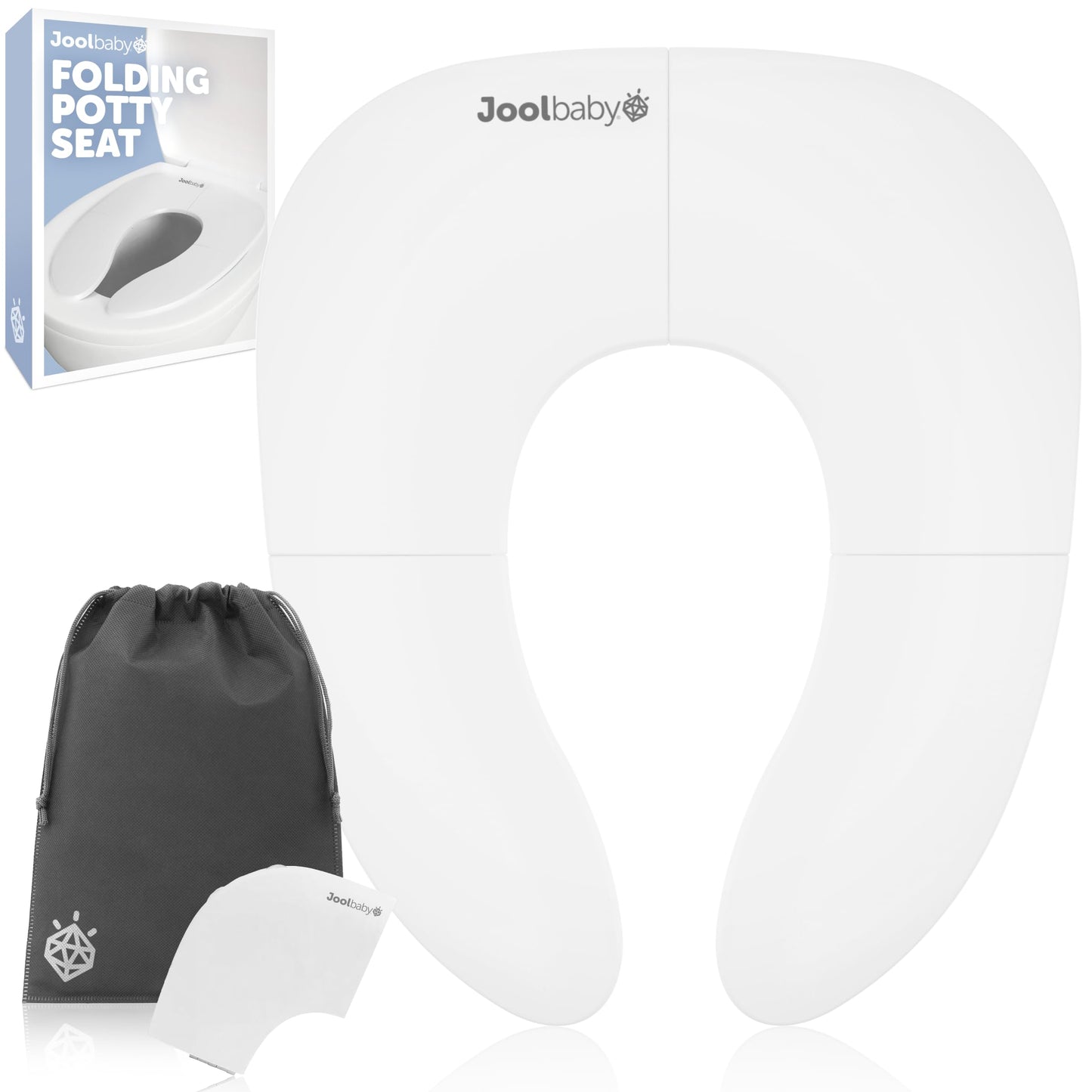 Jool Baby Folding Travel Potty Training Seat for Toddlers, Fits Round & Oval Toilets, Non-Slip Suction Cups, Includes Free Travel Bag (White)