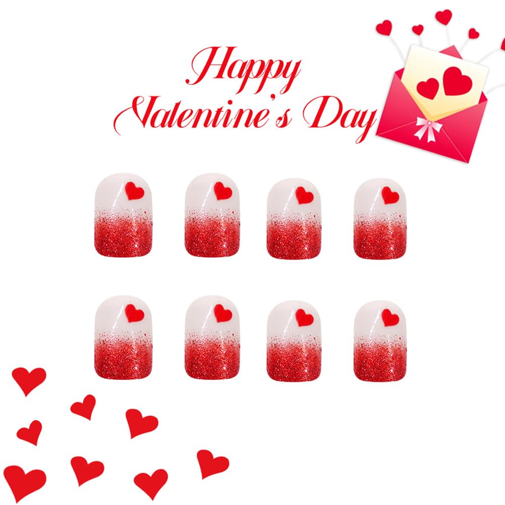 CEWEWP Valentine’s Day Press on Nails Short Square Fake Nails with Heart Designs Red Gradient Glitter Nails Press ons Glossy Glue on Nail Ombre Acrylic Nails Stick on Nail for Women 24Pcs