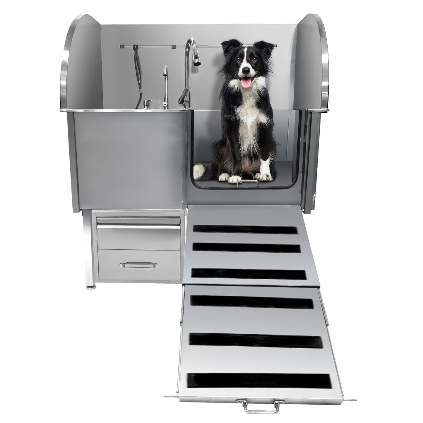 IDEALHOUSE 50" Dog Washing Station, Professional Stainless Steel Pet Dog Bathing Station with Ramp, Faucet, Storage Drawer, Floor Grate Dog Bathtub for Large, Medium, Small Pets (Right Ramp)