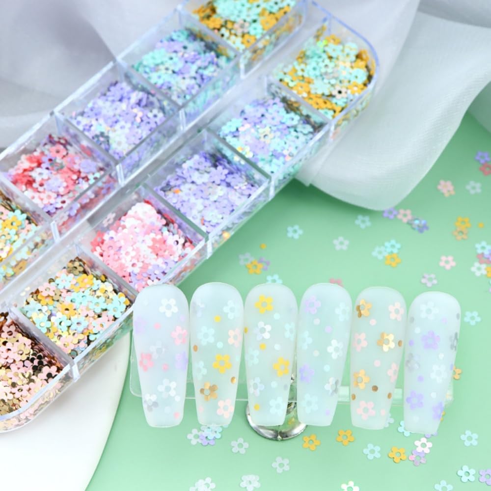 1 Box 6 Color Holographic Flower Nail Glitter Laser Aurora Pink Nail Sequins 3D Blue Purple Nail Flakes Sparkly Powder Flakes Shiny Nail Glitter Colorful Nail Sequins Glitter for Nails Art 12 Grids