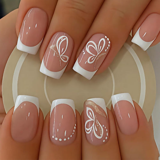 White French Tip Press on Nails Square - Medium Fake Nails with Butterfly Design - Glitter Full Cover Stick on False Nails - for Women 24 Pcs