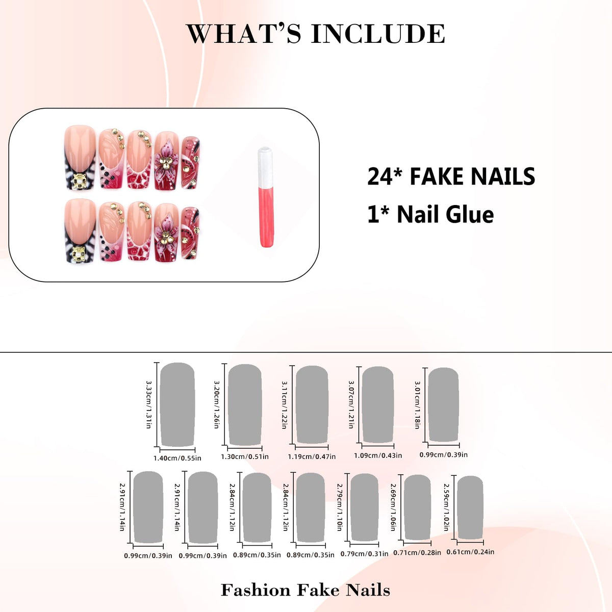 IMRAIN Press on Nails Long Square Fake Nails Pink French Tips False Nails with Crocodile Print Designs Handmade 3D Flower, Rhinestone Glue on Nails