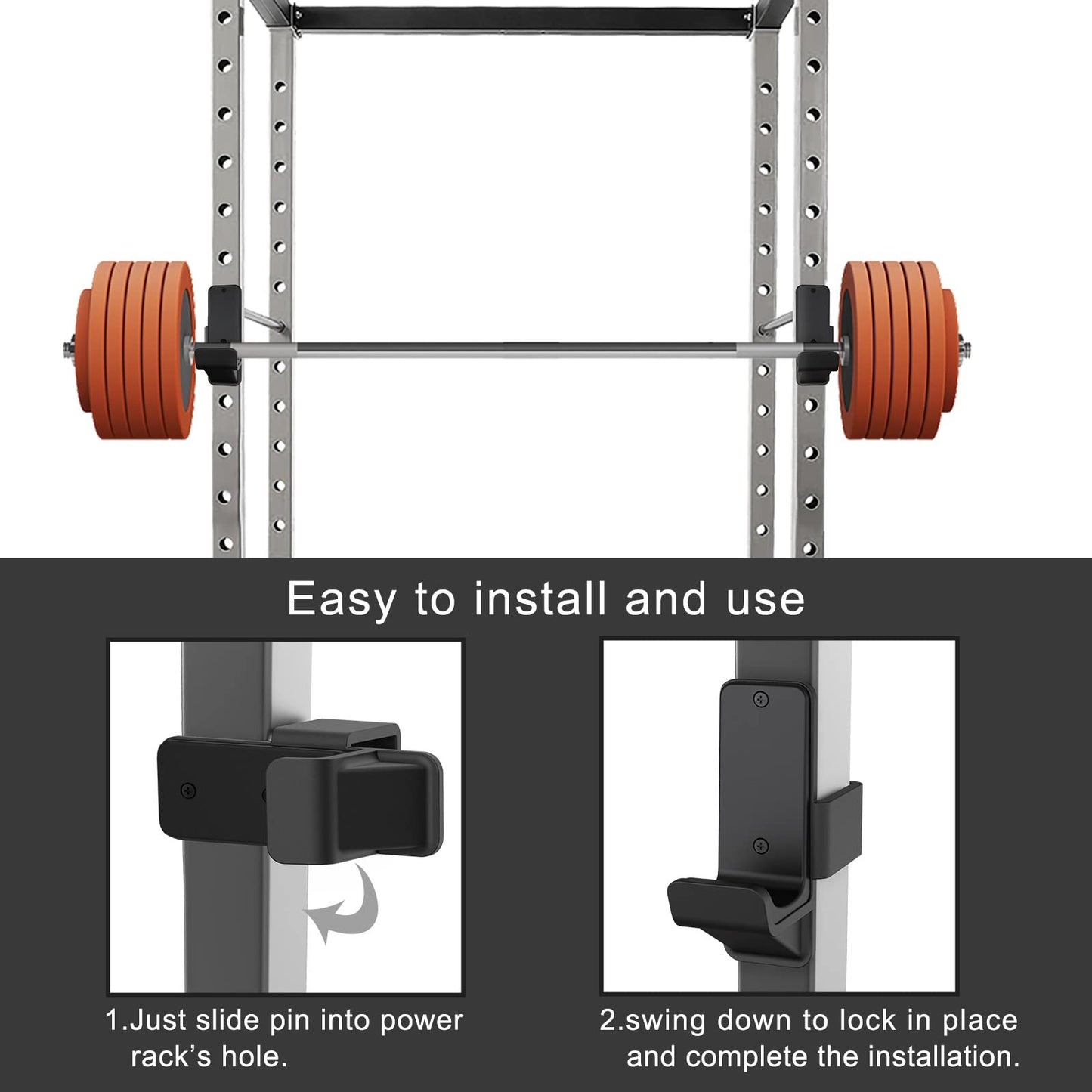 Kipika J-Hooks for 2" x 2"" Power Rack with 1"" Hole - Bottom Reinforced Steel Hooks with Rubber Pads - Heavy Duty Power Rack Attachments - Squat Rack Accessories for Strength Training - Set of 2"