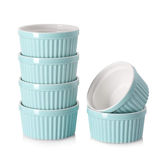 DOWAN 10 oz Porcelain Ramekins - Oven Safe for Creme Brulee & Souffle, Classic Style Baking Bowls, Set of 6, Blue