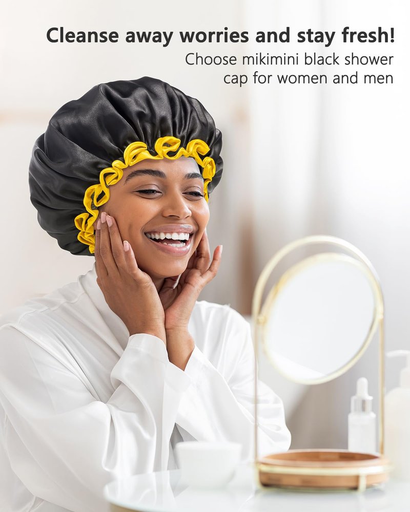 mikimini Extra Large Black Shower Caps Pack of 2 for Women and Men Thick Long Hair Braids, Reusable Waterproof Double Layers XL Bathing Hair Cap with Vibrant Yellow Edge (Black)
