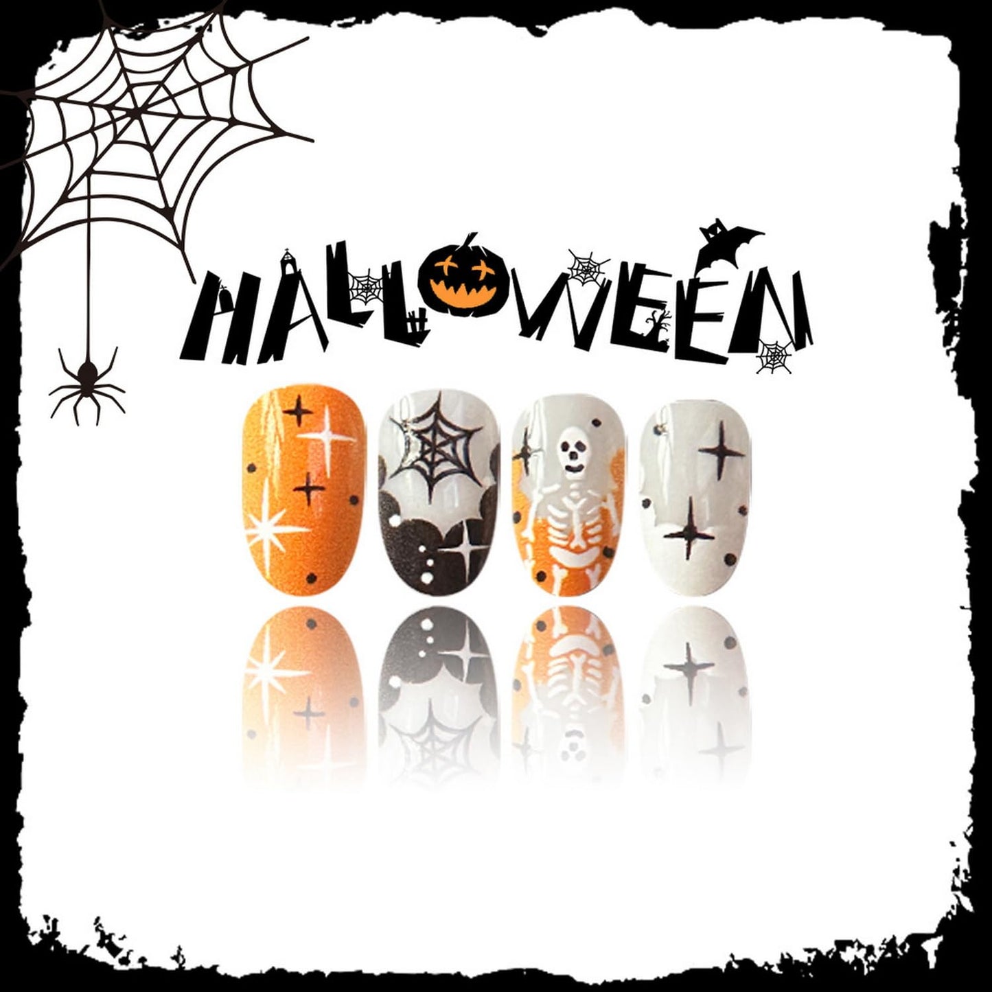 24pcs Cute Halloween Press on Nails Short Round Fake Nails French Tip Press ones Skeleton Ghost Star designs Stick on Nail Full Cover Halloween False Nails for Women Glue on Nail