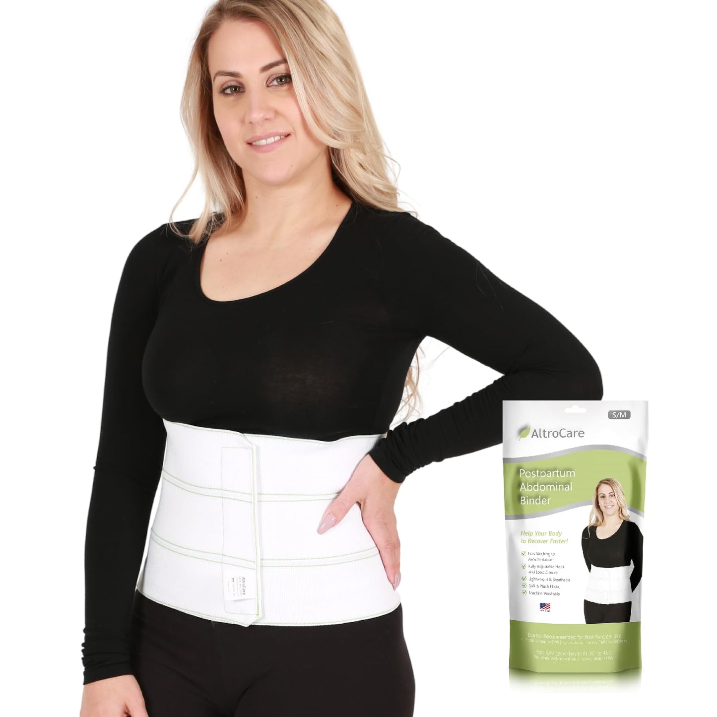 AltroCare Postpartum & Post Surgery Abdominal Binder. 3-Panel belly band for recovery after childbirth, hysterectomy, tummy tuck, hernia, diastasis recti. Size L/XL (45" to 60""). Made in USA."