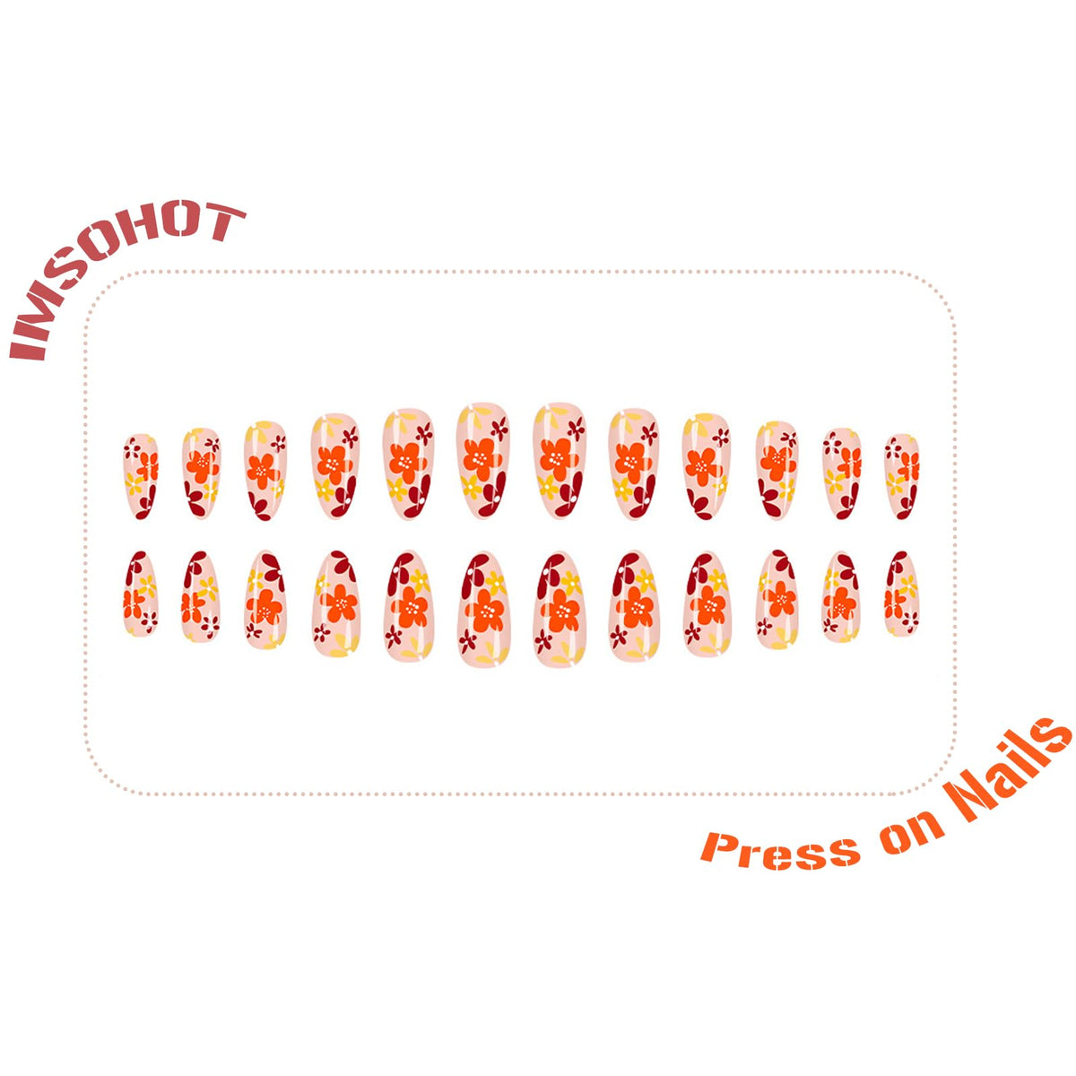 IMSOHOT Fall Press on Nails Almond, Medium Glossy Acrylic Fake Nails, Reusable Nail Kit with Nail Glue, Full Cover Orange Brown False Nails with Flower Designs, 24Pcs