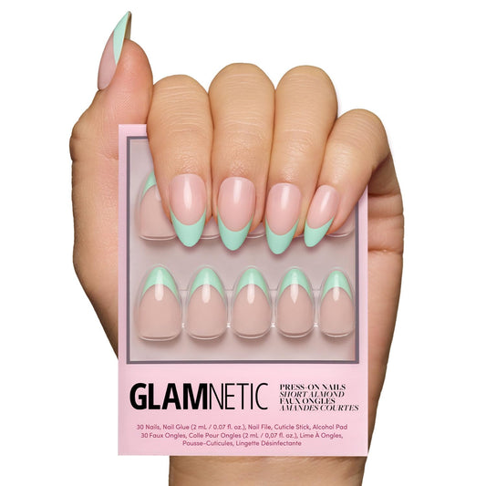 Glamnetic Press On Nails - Pistachio Crème | Short Almond Fake Nails with Mint Blue French Tips and Glossy Finish, Salon Quality | 15 Sizes - 30 Nail Kit with Glue