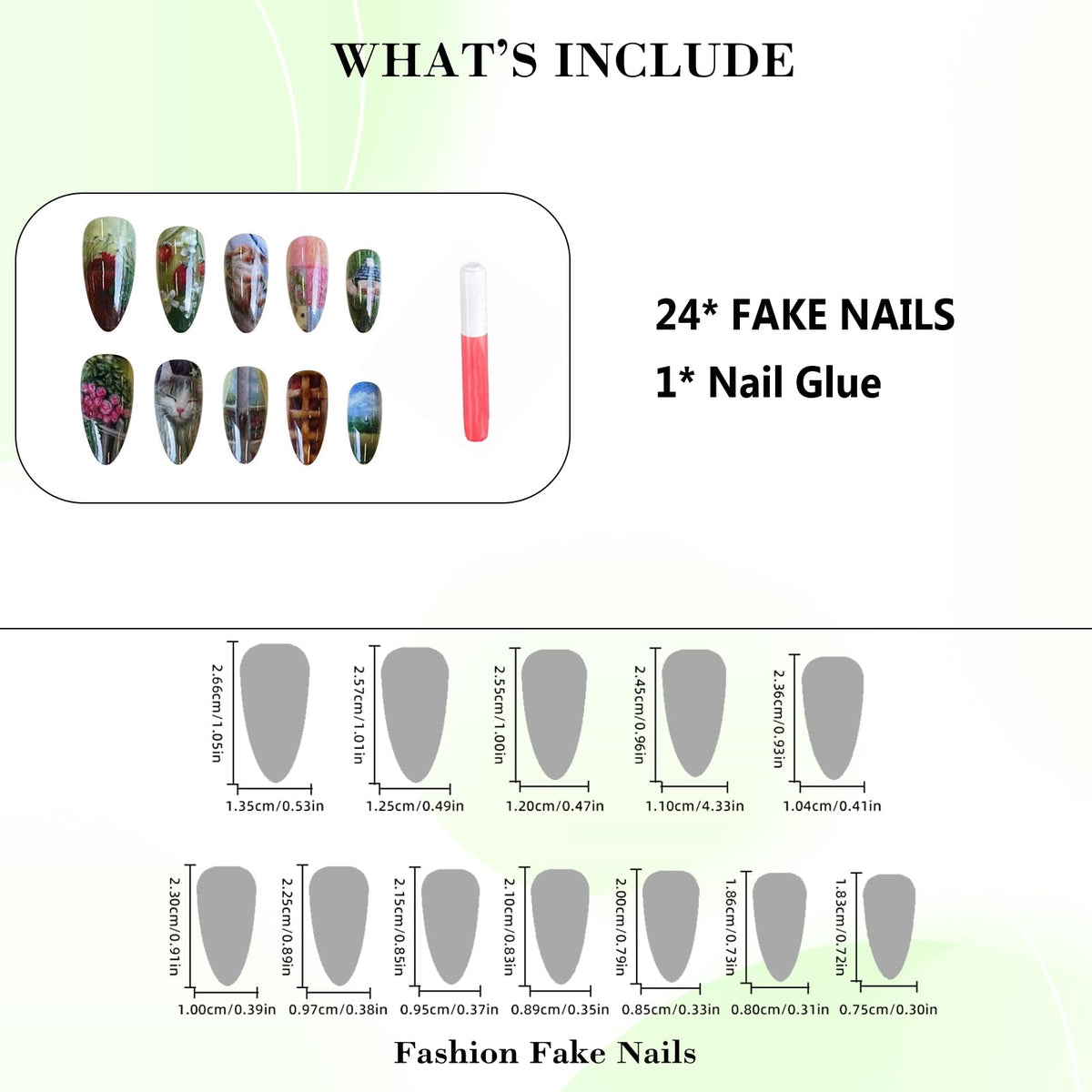 IMRAIN Press on Nails Almond Medium Fake Nails Green Acrylic False Nails Full Cover Artificial Cute Glue Stick on Nails for Women Girls 24Pcs