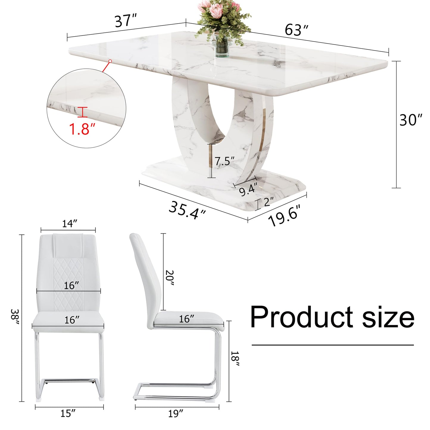 JUFU Modern Dining Table Set for 6,Rectangula Dining Room Table Set with 63 in Faux Marble Tabletop＆6 Pu Leather Upholstered Chairs Ideal for Dining Room, Kitchen （ 63'Dining Table Set 6 +White）