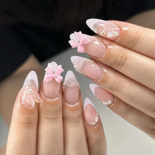24Pcs French Tip Press on Nails Fake Nails with Aurora Butterfly Flowers Tulip Charms Designs False Nails Cute Press ons Pink Bow Stick on Nails Glossy Nude Acrylic Nails Glue on for Women Manicure