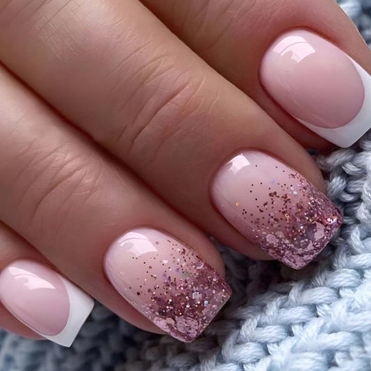 YoYoee Short Gradient Nails Tips Cute French False Nails Square Press on Nails Full Cover Glitter Fake Nails for Women and Girls 24PCS