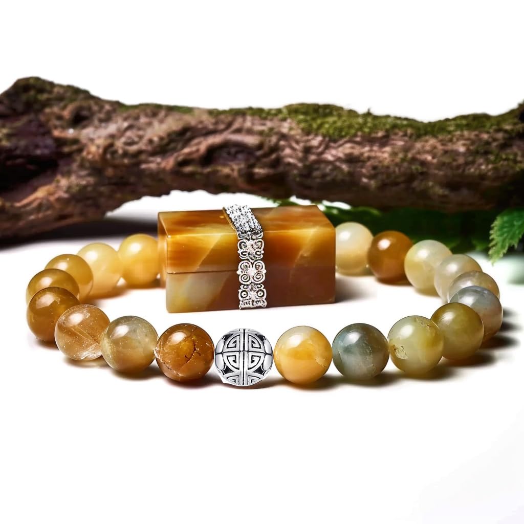 MetJakt Healing Crystals Beaded Bracelets for Womens Natural Gemstone 8mm Beads Stretch Bracelets with 925 Sterling Silver Double Happiness Pendant (Golden Tiger Eye)
