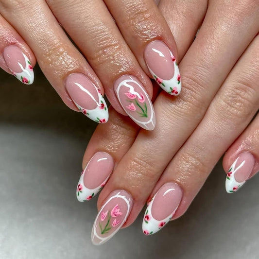 Press on Nails and Toenails Set - 48Pcs Medium Almond French Tip Fake Nails, Nude Pink Base with Tulip Floral Design, Reusable Glue on Nails for Women, Spring Summer Manicure & Pedicure Nail Kit