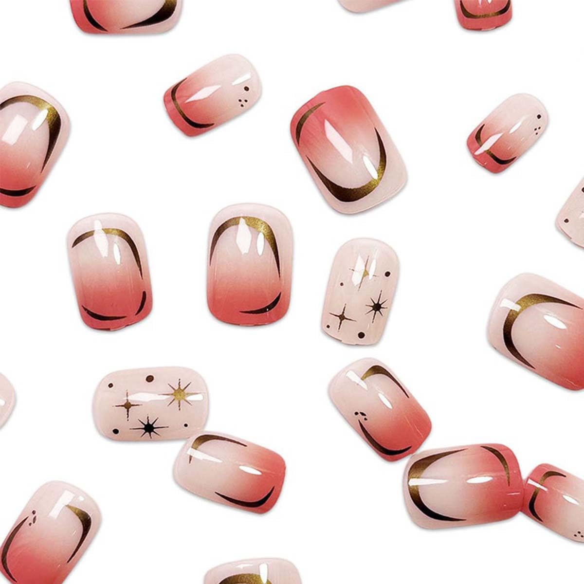 24pcs Gold Star Press On Nails Square Fake Nails Moon With Gradient Design Full Cover Acrylic Glue On Nails Short Stick On Nails For Women Reusable Nail Art Supplies