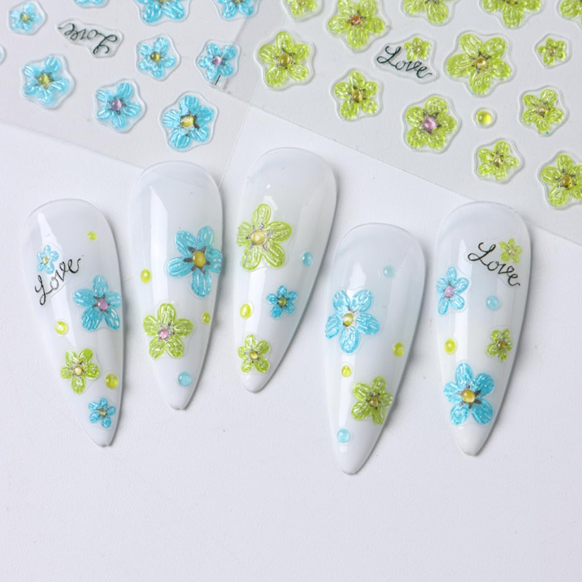 3Pcs Flower Nail Art Stickers 5D Embossed Summer Nail Decals Blue Green Pink Petal Flowers Designs Soft Gel Nails Sticker Spring Floral Self Adhesive Nail Art Supplies DIY Acrylic Nails Accessories