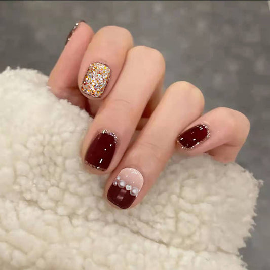 Press on Nail Short Square Length, 24Pcs Full Cover Reusable False Nails Kits, Glue On Nails with Glitter Pearl Designs, Artificial Fingernails Acrylic Fake Nails for Women Stick on Nails Coffin Shape