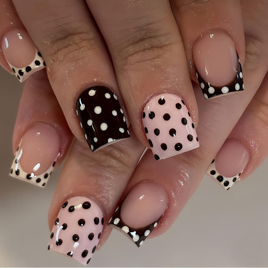 Polka Dot Press on Nails Short Square Fake Nails French Tip False Nails Cute Polka French Acrylic Nail Glossy Full Cover Glue Stick on Nail for Women Manicure 24Pcs