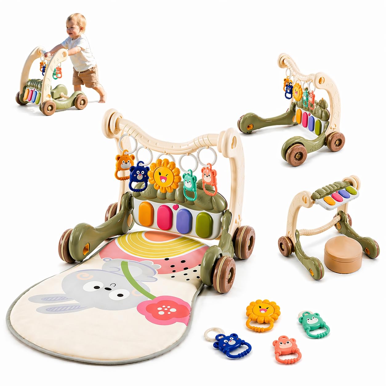 3-in-1 Baby Walker with Tummy Time Mat and Stroller Toys-Sit-to-Stand Walker for Baby Development-Ideal Baby Push Walker and 6-Month-Old Baby Must-Haves-Fun Learning Playtime