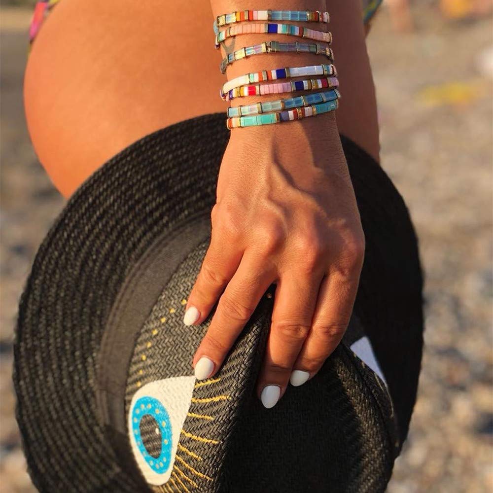 Sonateomber Tila Flat Beaded Stretch Strand Bracelets for Women - Trendy Unique Friendship Handmade Colorful Square Seed Beads Beach Link Bracelet Stackable Jewelry Friend Gifts
