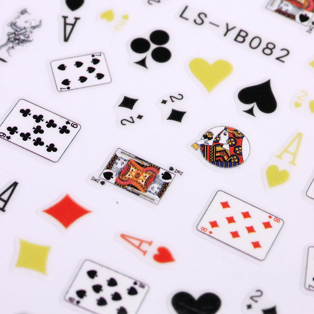 SIMAYKUWA 3D Self-Adhesive Nail Stickers - Poker Theme with Hearts & Diamonds, Trendy Fashion Nail Art Designs for Women A Set of 2 Sheets