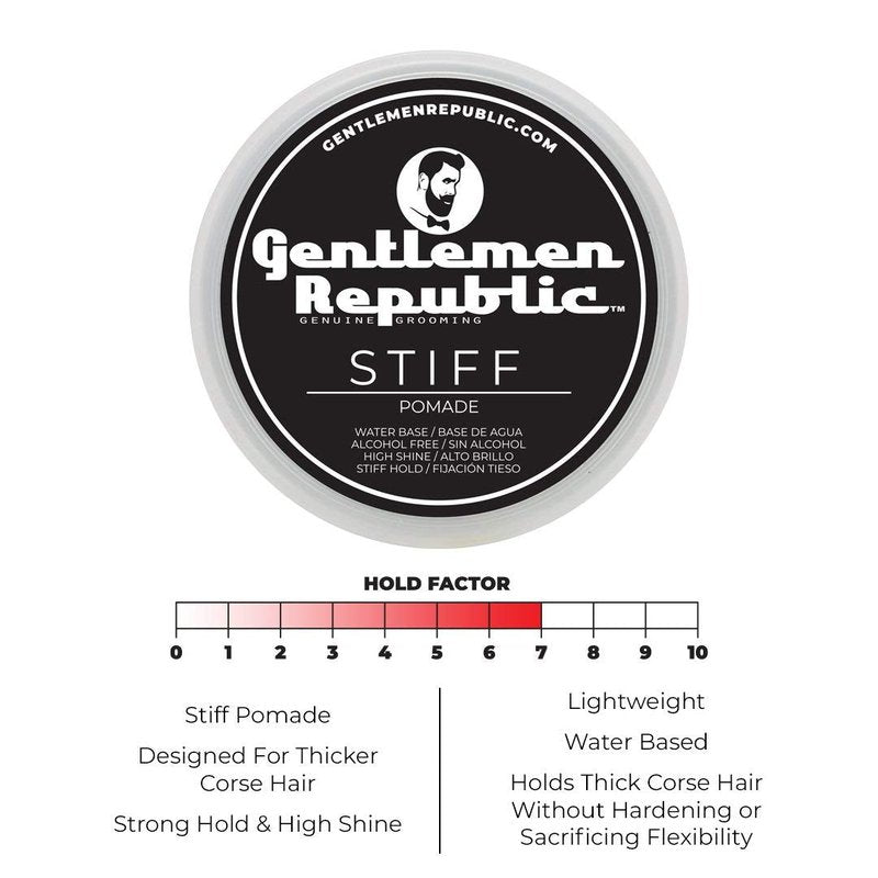 Gentlemen Republic 8oz Stiff Hair Pomade - Lightweight All-Day Hold with High Shine Finish, Alcohol-Free and Paraben-Free Formula, Suitable for Thick Hair