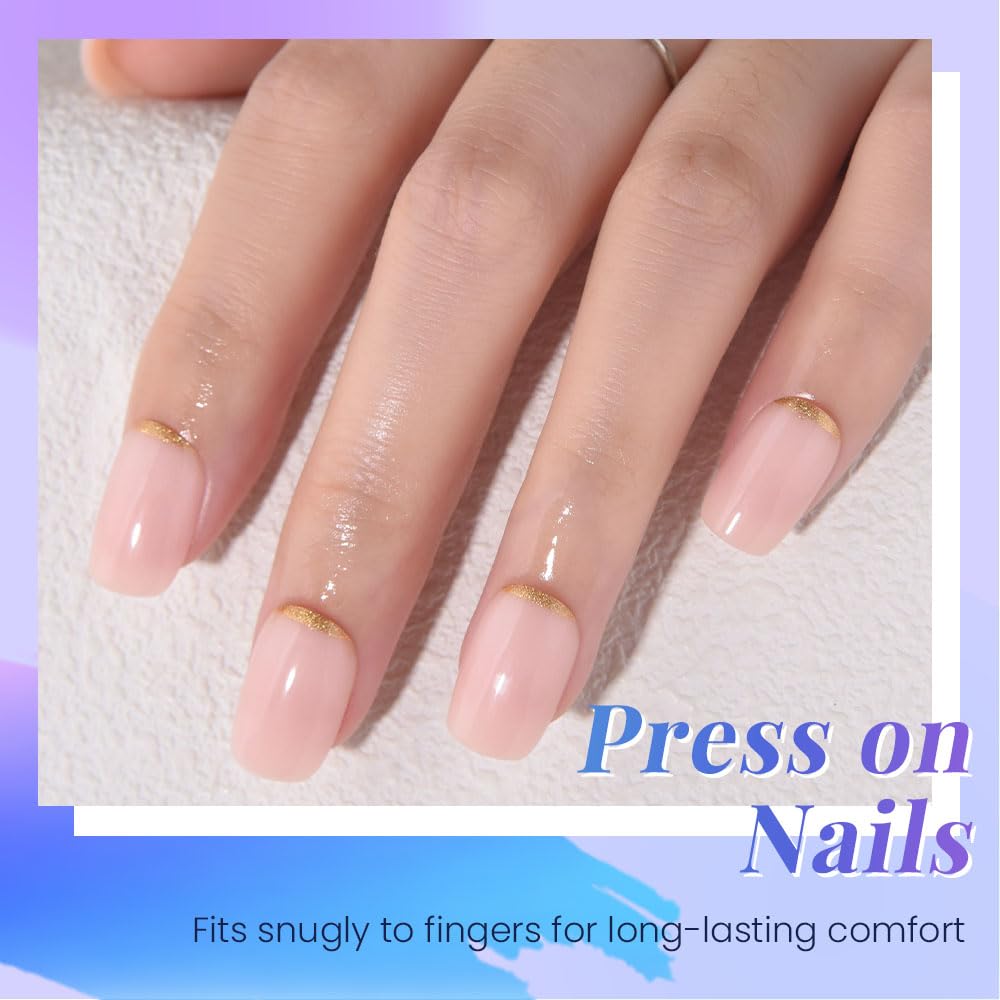 evpct Nude Pink French Press on Nails Short Square, Short Gold Foil Stick on Nails for Women Gift,Nude Pink Glossy Fake Nail Reusable Soft Gel Press on Acrylic Fake Nail kit with Gold Line Design