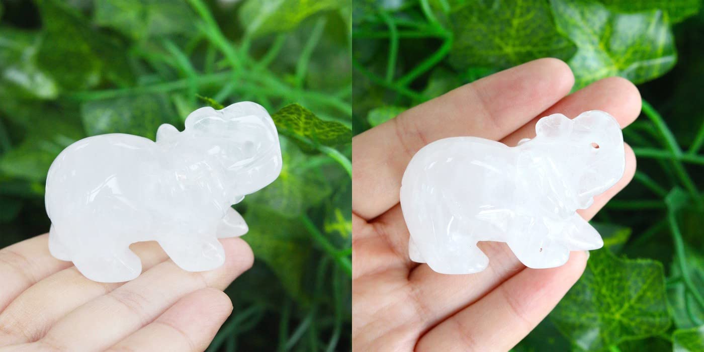 2" Clear Quartz Elephant Decor Healing Crystal Cute White Polished Natural Stone Hand-Carved Big Sculpture Statue Figurines Gemstone Energy Hippie Home Room Office Desk Decoration Gifts for Women Men