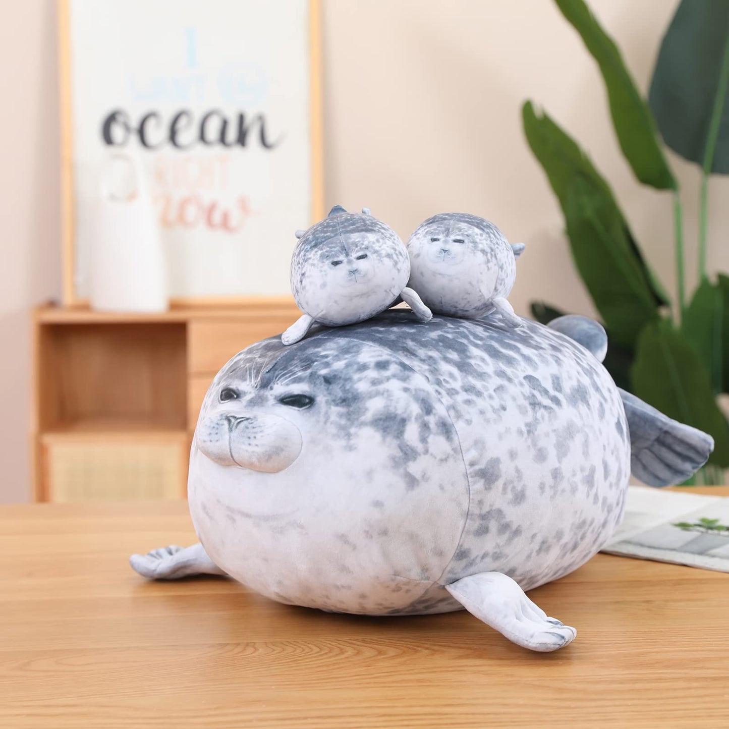 SQEQE Chubby Seal Pillow Plush with 4 Baby Seal Plushies in Her Tummy, Stuffed Cotton Plush Animal Toy for Kids and Adult Gift