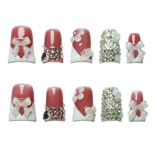 Tesytto Handmade Press on Nails Short Duck 3D White French Tip with V Design 3D Bow Flower Rhinestones Charms Nude Base Elegant Sturdy Art Pink 10 Pcs False Nails Set (Soft Pink Ivory Bow,S)