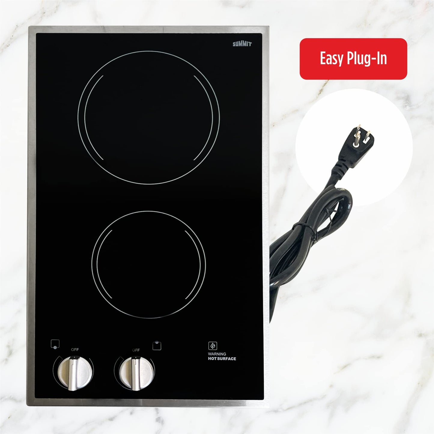 Summit CR2B12ST 12" Wide 115V 2-Burner Radiant Cooktop, Black Ceramic Glass, 1400W, ADA Compliant, Safety Heat Indicator, Easy to Clean, Cord Included, Hotel Suites, Extended Stay, Apartments, House